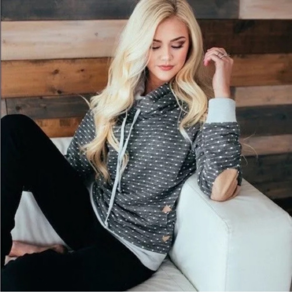 Brickyard Buffalo Gray Polka Dot Hoodie with Tan Elbow Patches